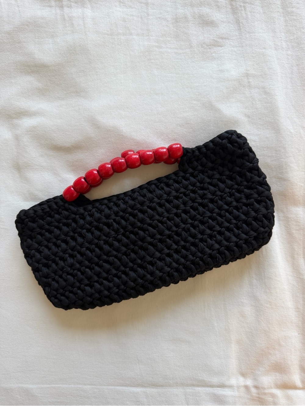 Handmade Black Crochet Clutch with Red Beaded Handle